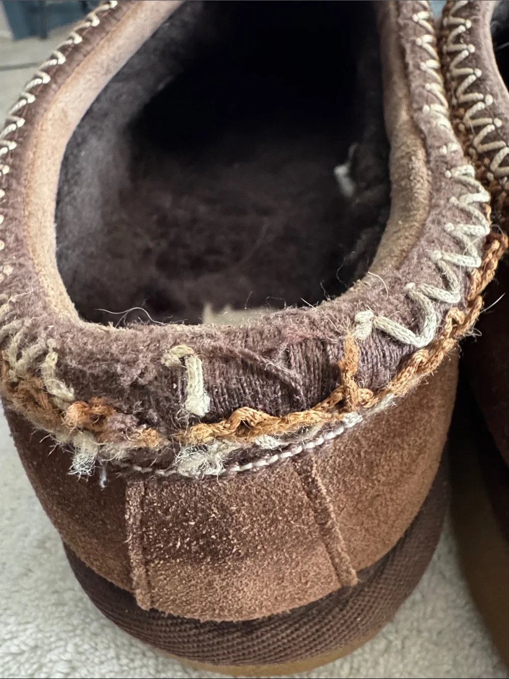 UGG Men’s Chestnut Suede Moccasin Slippers with Braided Trim…size 15 US